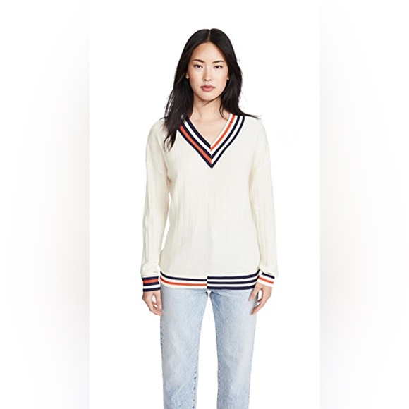 KULE Cream V-Neck Sweater with Navy and Red Stripes - Picture 1 of 8